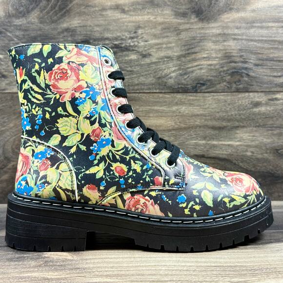 NIB Sugar Kaedy Black Vintage Floral Combat Boots Booties 7M - Picture 4 of 11